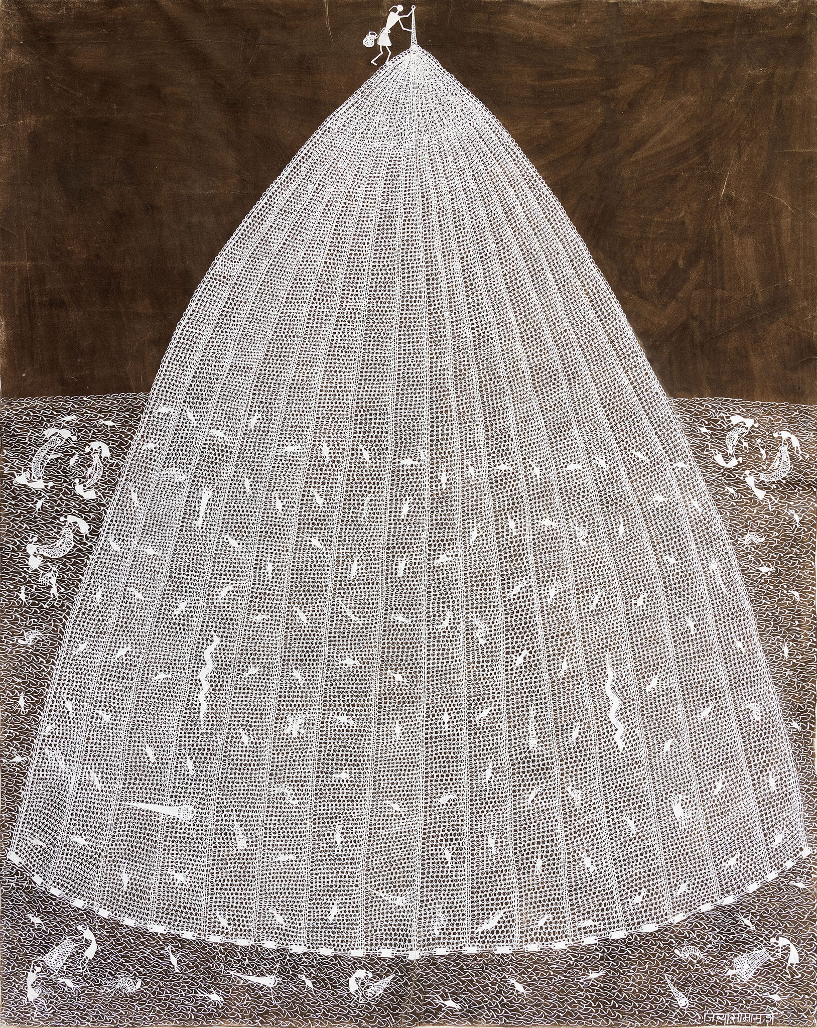 JIVYA SOMA MASHE 2007 "FISHNET" ACRYLIC AND COWDUNG ON CANVAS 170X140 CM
