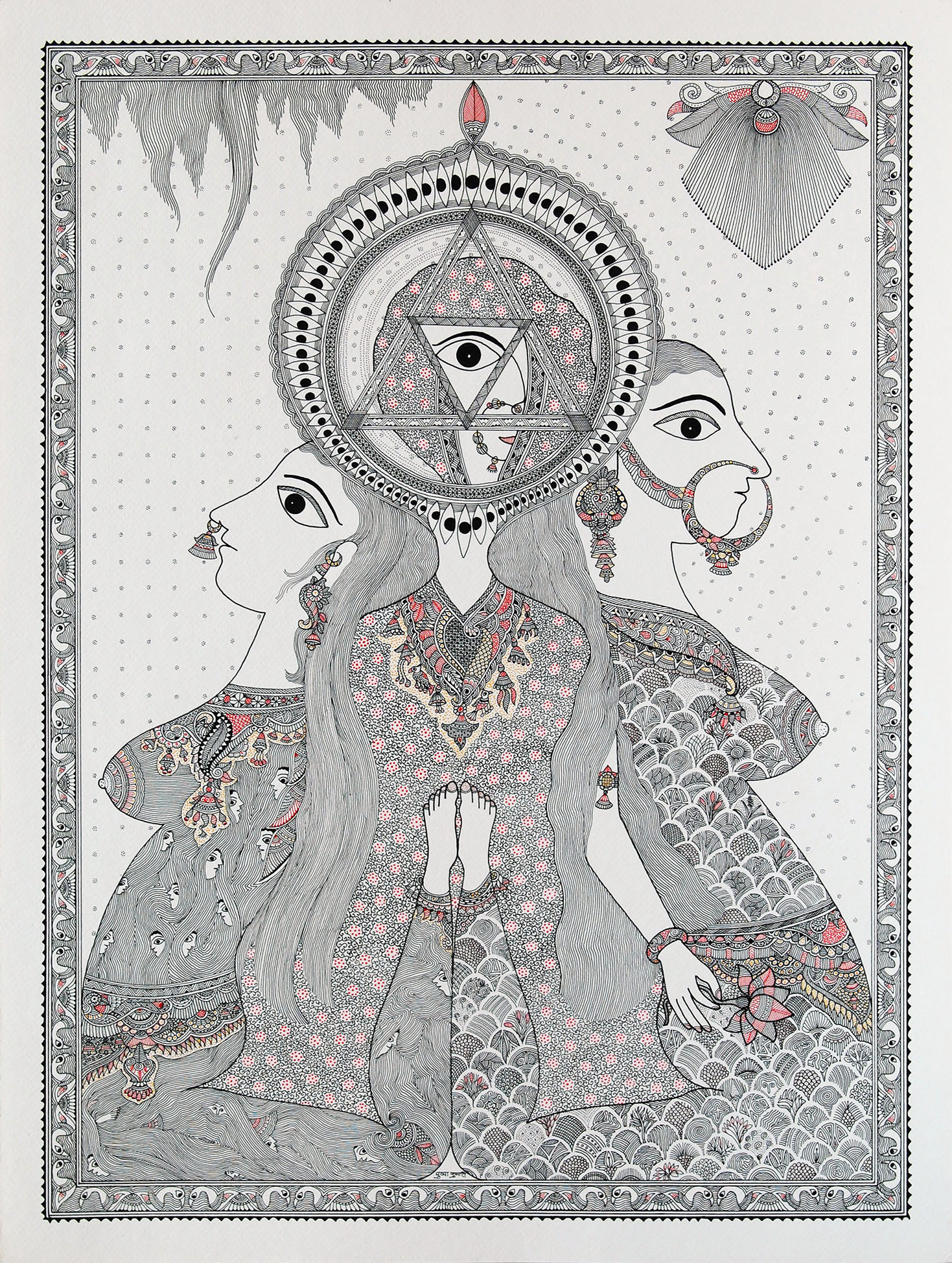 PUSHPA KUMARI 2020 "THREE LADIES" INK ON PAPER 60X45.5 CM